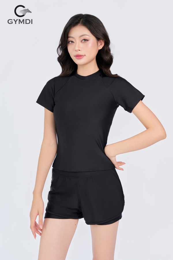 Bộ bơi cộc tay quần hai layer đen