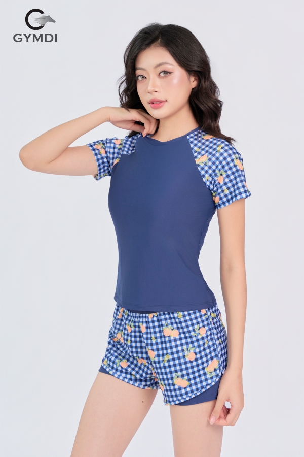 Bộ bơi cộc tay quần hai layer xanh phối caro