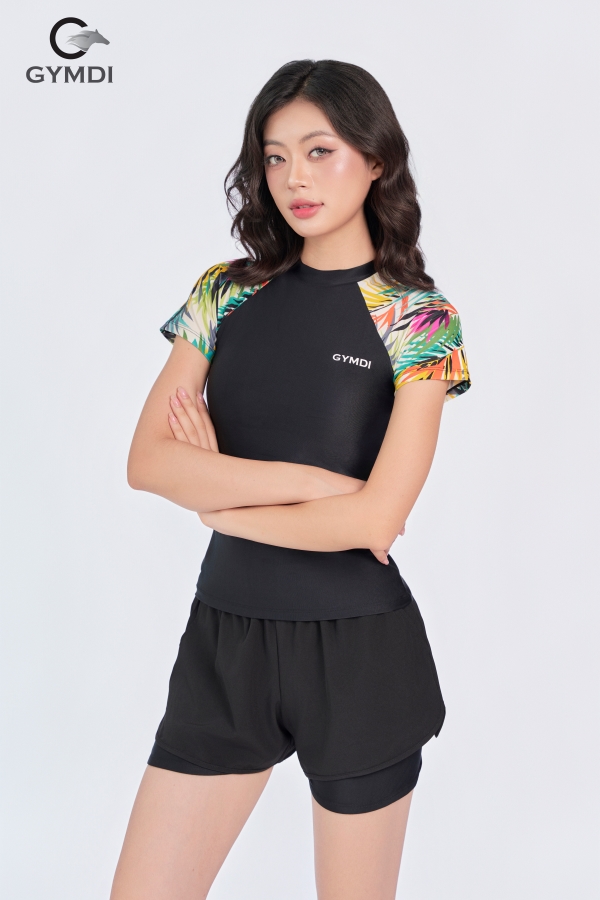 Bộ bơi cộc tay quần hai layer den phối lá