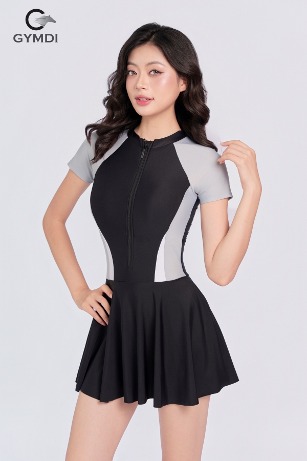 Bộ bơi liền váy cộc tay phối xám