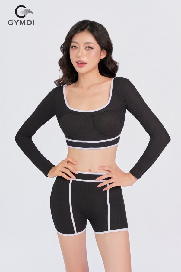 Bộ bơi croptop tay dài quần đùi cạp cao đen phối trắng