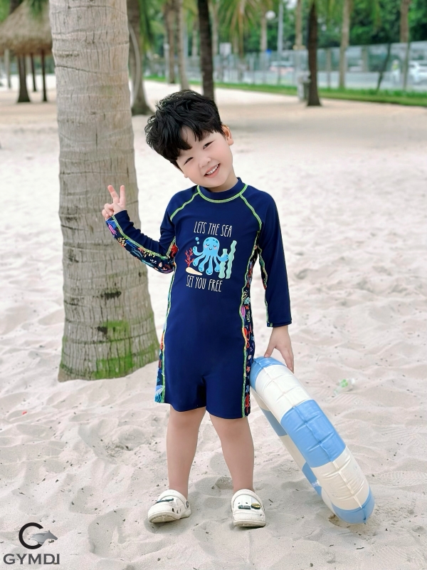 Bộ liền quần đùi bé trai dài tay bạch tuộc
