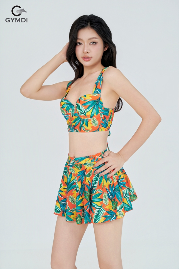 Bikini cạp cao quần váy họa tiết nhiệt đới