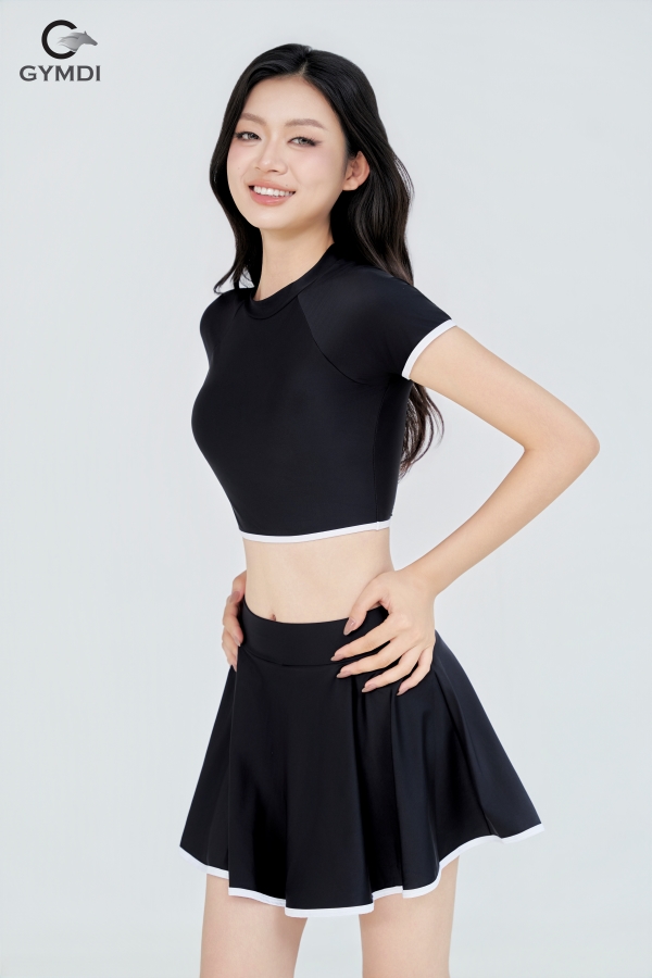 Bikini cạp cao áo croptop quần váy xòe đen 