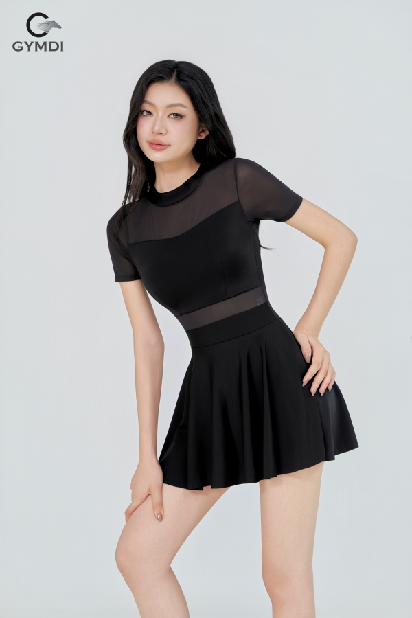 Bộ bơi liền váy cộc tay đen phối lưới