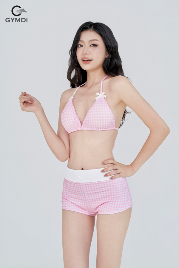 Bikini hai mảnh quần đùi caro hồng