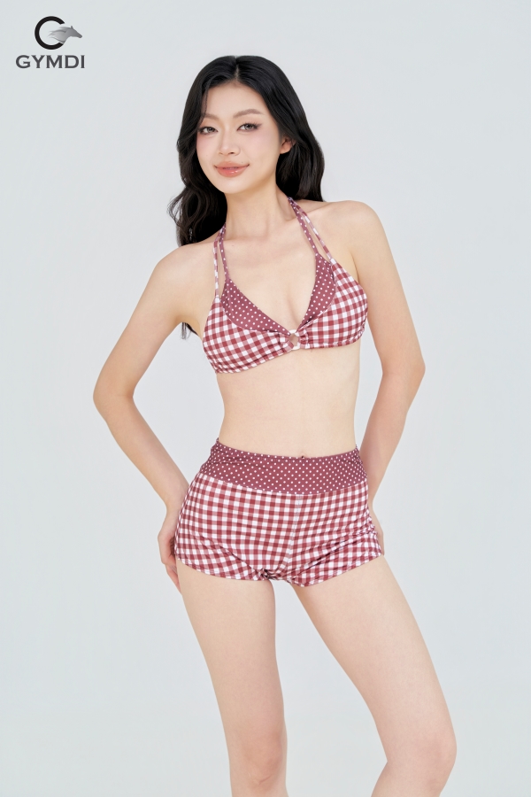 Bikini hai mảnh quần đùi caro nâu