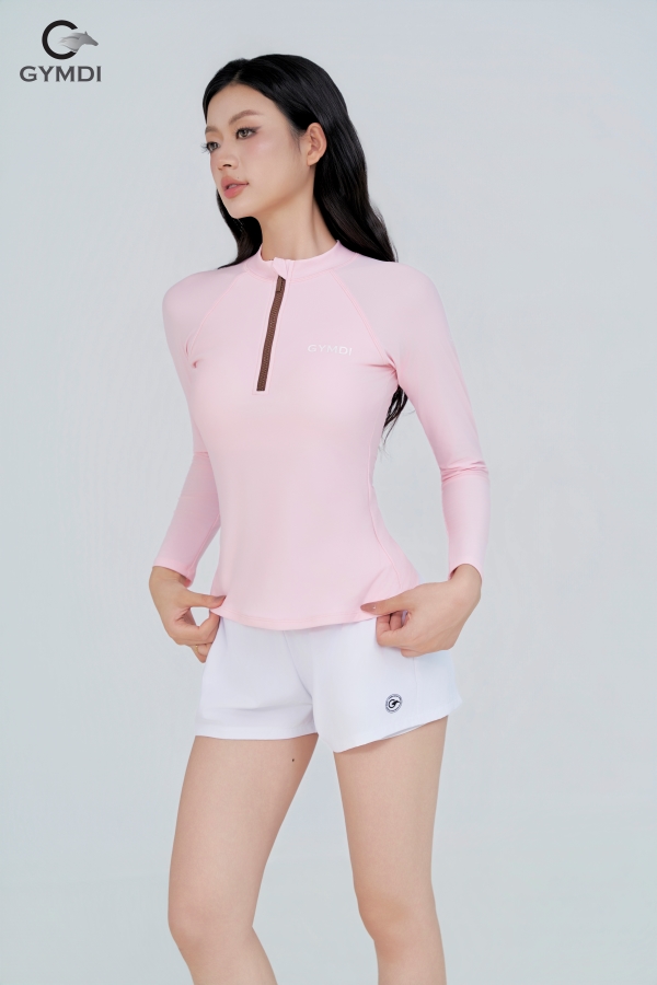 Bộ bơi dài tay quần đùi 2 lớp hồng phối trắng