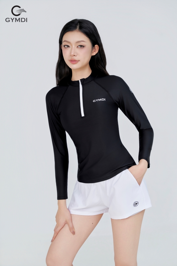 Bộ bơi dài tay quần đùi 2 lớp đen phối trắng