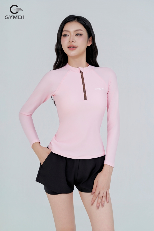Bộ bơi dài tay khóa kéo quần đùi 2 lớp hồng phối đen 