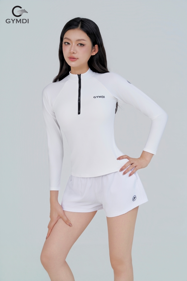 Bộ bơi dài tay khóa kéo quần đùi 2 lớp trắng