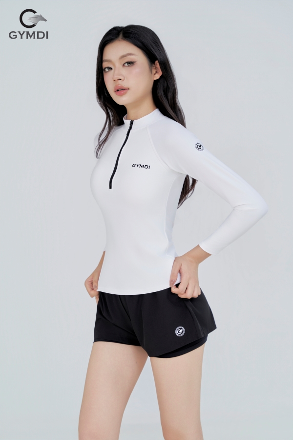 Bộ bơi dài tay khóa kéo quần đùi 2 lớp trắng phối đen