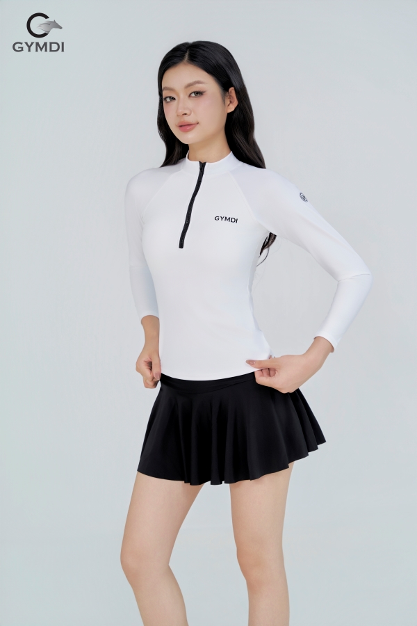 Bộ bơi dài tay khóa kéo trắng phối chân váy cạp cao đen 
