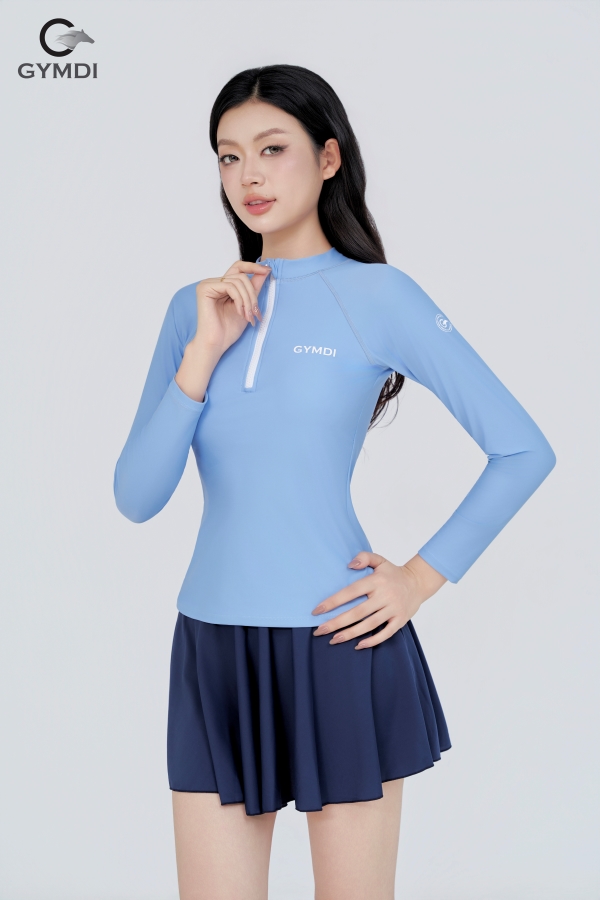 Bộ bơi dài tay khóa kéo xanh phối chân váy cạp cao xanh
