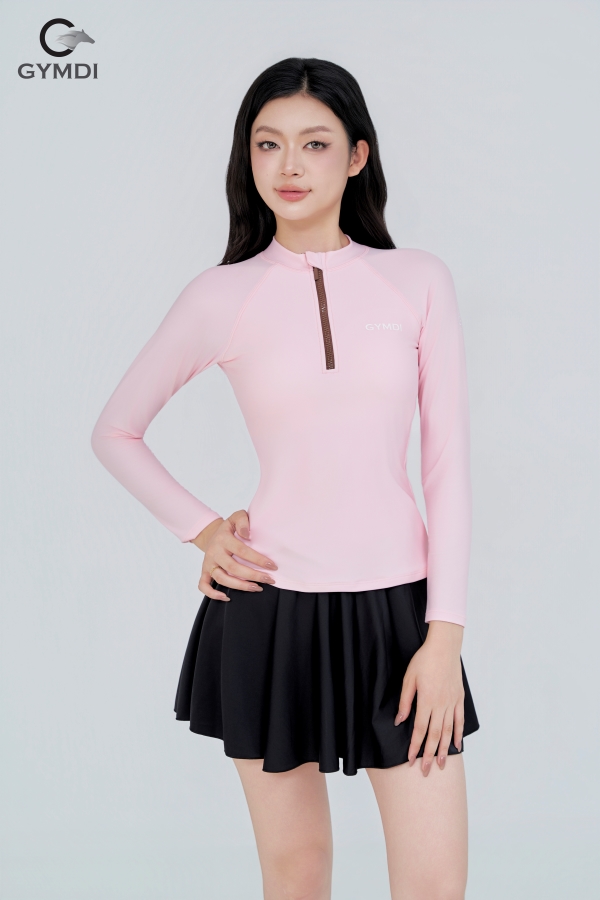 Bộ bơi dài tay khóa kéo hồng phối chân váy cạp cao đen