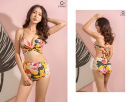 Bikini cạp cao đan dây chéo hoa hồng vàng 18140