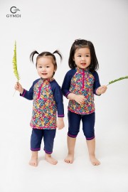 Bộ bơi bé gái hoa nhí xanh than BG022