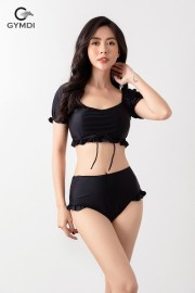 Bikini áo cộc tay cổ vuông quần cạp cao bèo màu đen 21011