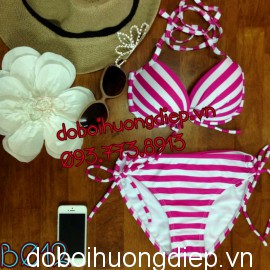 Bikini sexy kẻ hồng B012