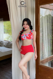 Bikini cạp cao hoa đỏ lệch vai 