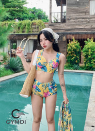 Bikini cạp cao ba mảnh hoa lá vàng nhiệt đới 