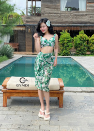 Bikini cạp cao ba mảnh hoa lá xanh nhiệt đới 