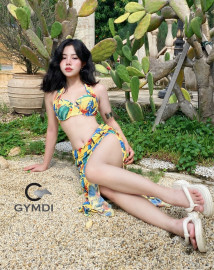 Bikini cạp cao ba mảnh cup vàng nhiệt đới 