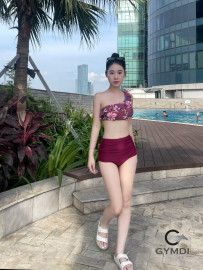 Bikini cạp cao hoa tím lệch vai 