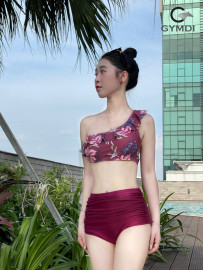 Bikini cạp cao hoa tím lệch vai 