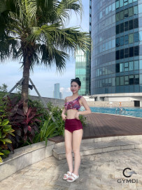 Bikini cạp cao hoa tím lệch vai 