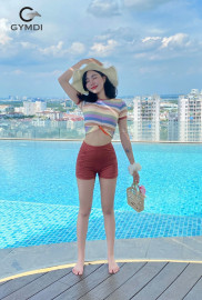 Bộ bơi cạp cao áo croptop cộc tay kẻ nhiều màu quần đùi cạp cao