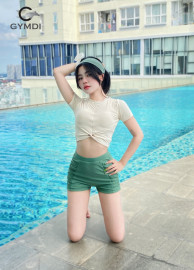 Bộ bơi cạp cao áo croptop cộc tay trắng kem quần đùi cạp cao