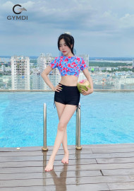 Bộ bơi cạp cao áo croptop cộc tay họa tiết nhiệt đới quần đùi rút dây