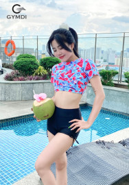 Bộ bơi cạp cao áo croptop cộc tay họa tiết nhiệt đới quần đùi rút dây