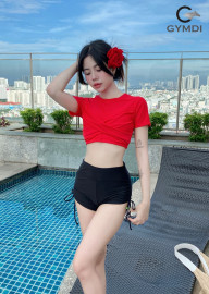 Bộ bơi cạp cao áo croptop cộc tay đỏ quần đùi rút dây