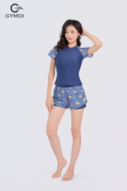Bộ bơi cộc tay quần hai layer xanh phối caro