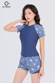 Bộ bơi cộc tay quần hai layer xanh phối caro