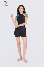 Bộ bơi cộc tay quần hai layer den phối lá