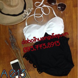 Bikini quần cạp cao đan dây hông áo trắng xoắn