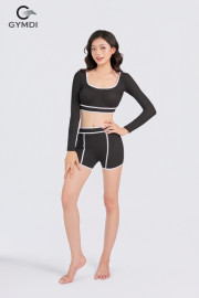 Bộ bơi croptop tay dài quần đùi cạp cao đen phối trắng