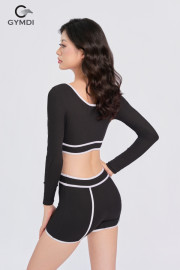 Bộ bơi croptop tay dài quần đùi cạp cao đen phối trắng