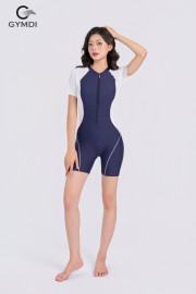 Bộ bơi liền đùi cộc tay xanh phối trắng