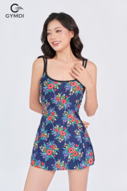 Bộ bơi liền mảnh váy hoa nhí nền xanh than
