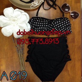 Bikini áo đen bèo chấm bi - quần đan dây 