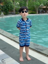 Bộ liền quần đùi bé trai cộc tay xanh