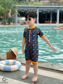 Bộ liền quần đùi bé trai cộc tay khủng long vàng