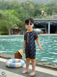 Bộ liền quần đùi bé trai cộc tay khủng long vàng