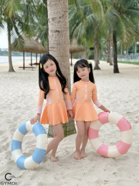 Bộ liền tay dài bé gái cam