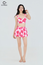 Bikini cạp cao quần váy hoa hồng