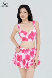 Bikini cạp cao quần váy hoa hồng
